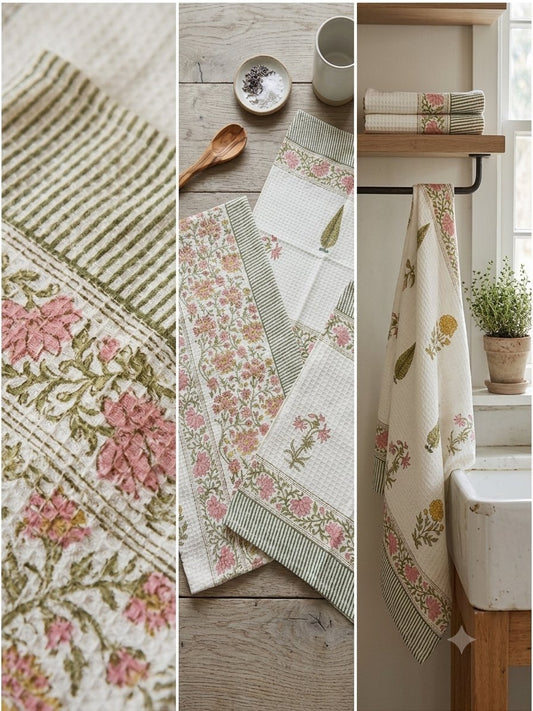 Blush Bougainvillea hand block printed waffle cotton towel — Artisan's Thread