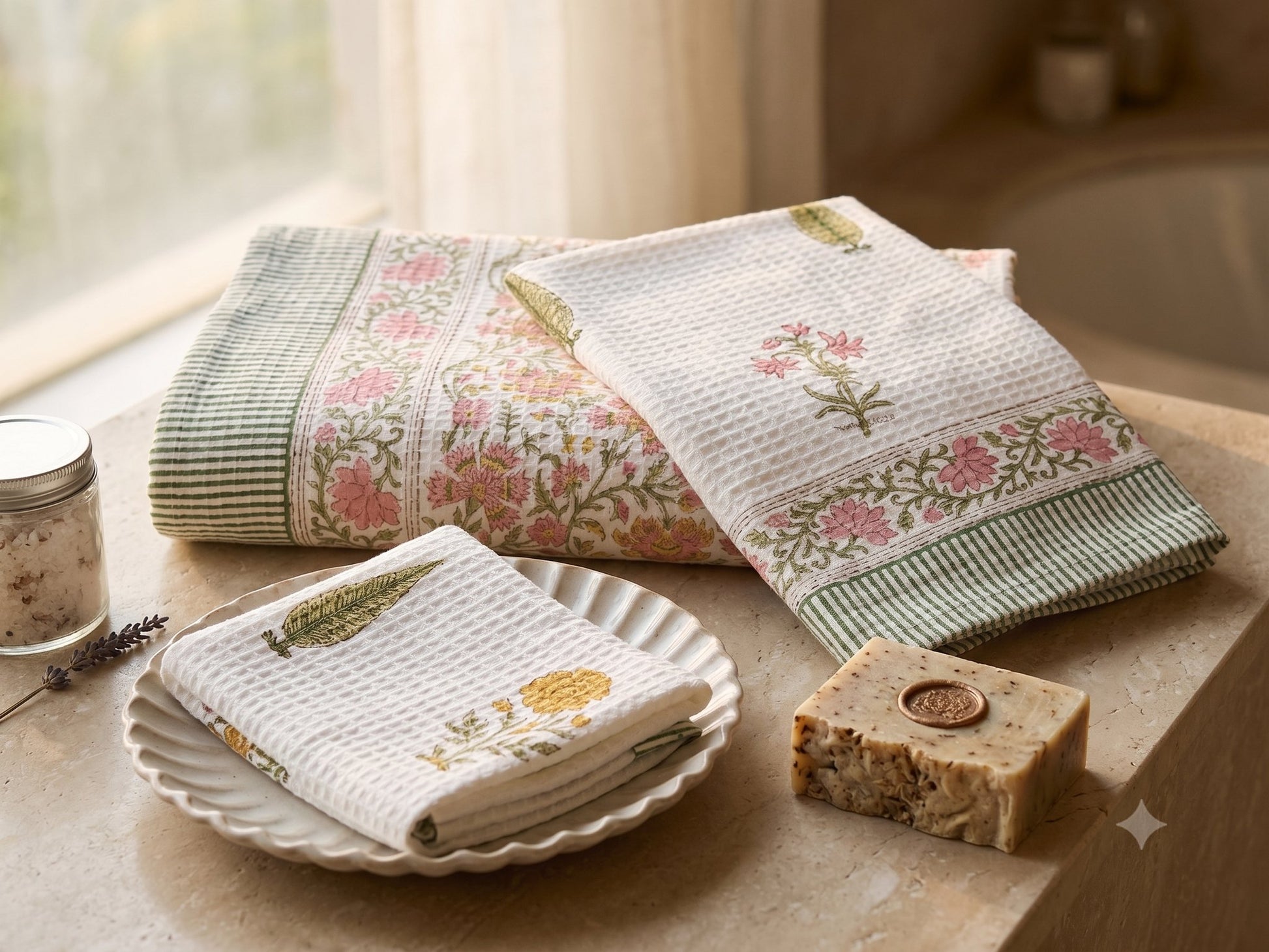 Blush Bougainvillea hand block printed waffle cotton towel — Artisan's Thread