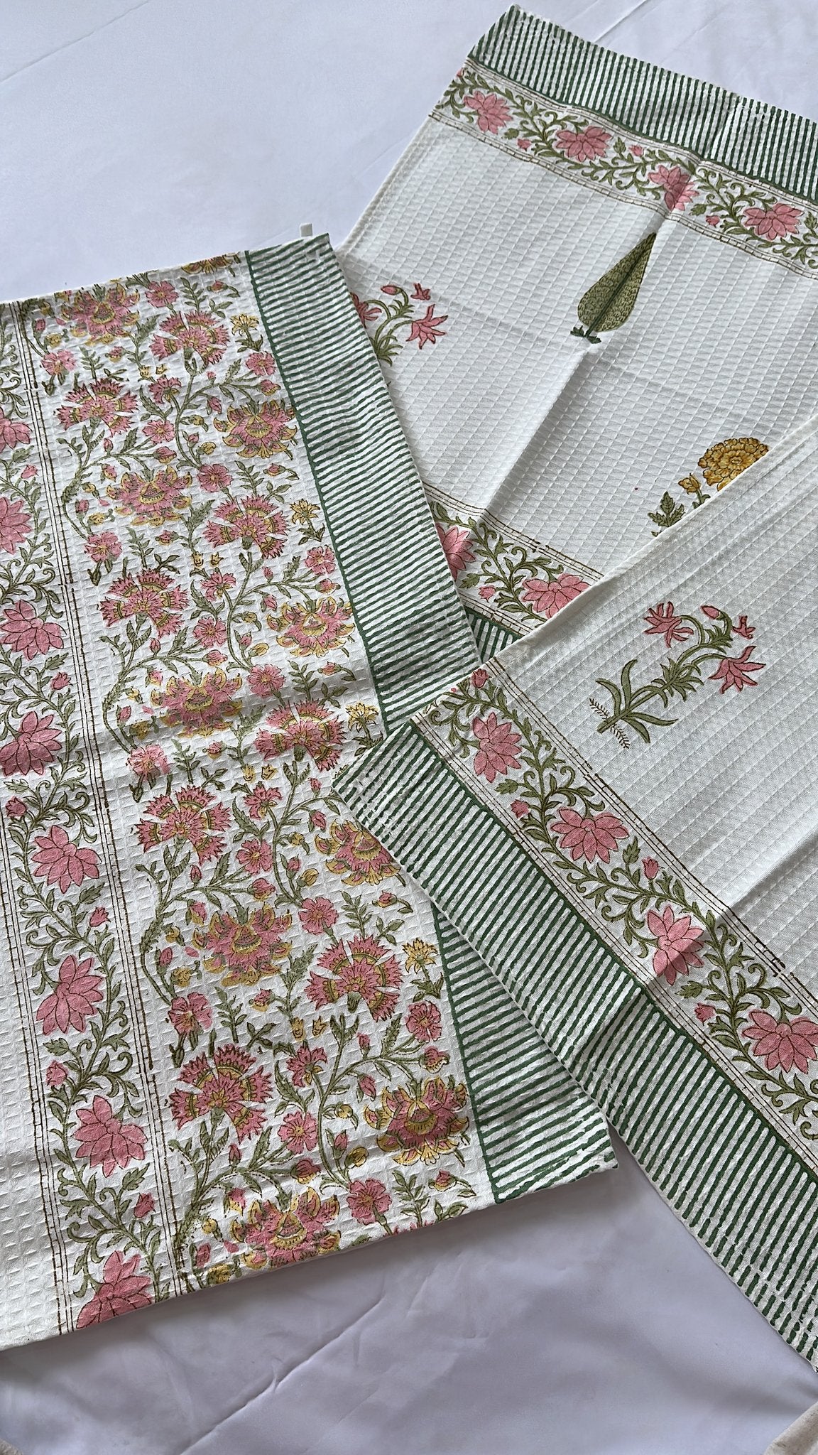 Blush Bougainvillea hand block printed waffle cotton towel — Artisan's Thread