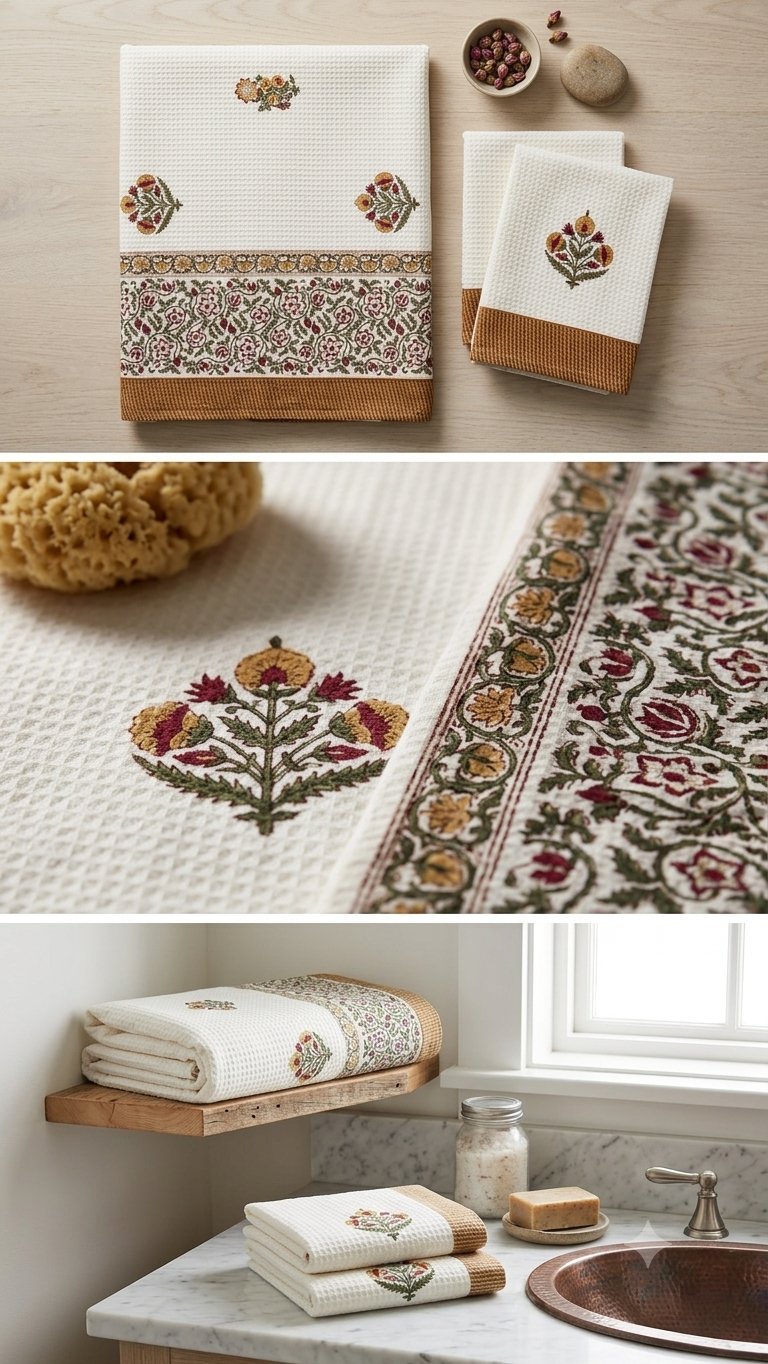 Purple Iris hand block printed waffle cotton towel — Artisan's Thread