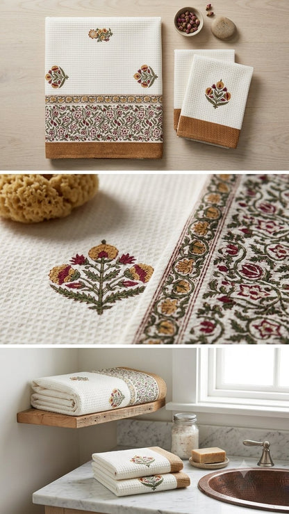 Purple Iris hand block printed waffle cotton towel — Artisan's Thread