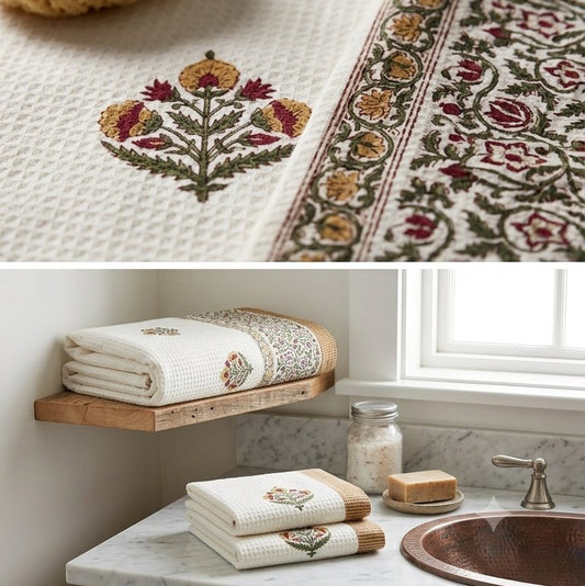 Purple Iris hand block printed waffle cotton towel — Artisan's Thread