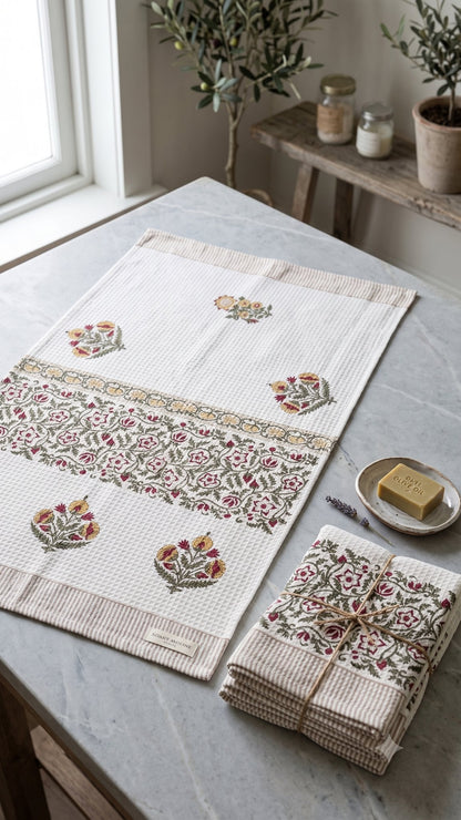 Purple Iris hand block printed waffle cotton towel — Artisan's Thread