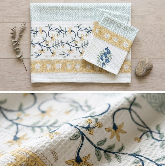 Yellow Amaltas hand block printed waffle cotton towel — Artisan's Thread
