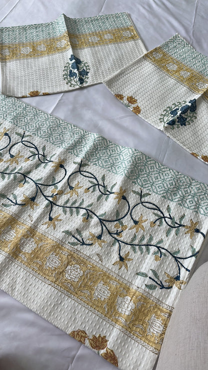 Yellow Amaltas hand block printed waffle cotton towel — Artisan's Thread