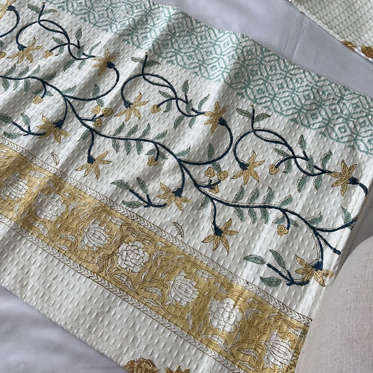 Yellow Amaltas hand block printed waffle cotton towel — Artisan's Thread