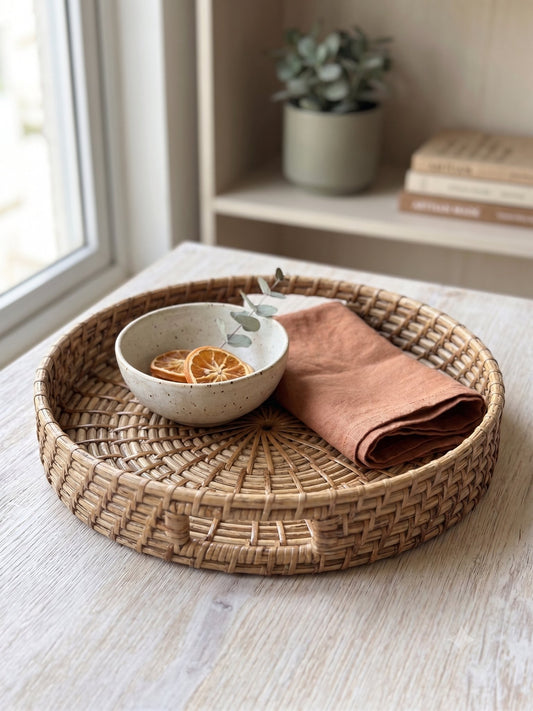 Round nesting cane tray with incut handles — handwoven in Assam, Artisan's Thread