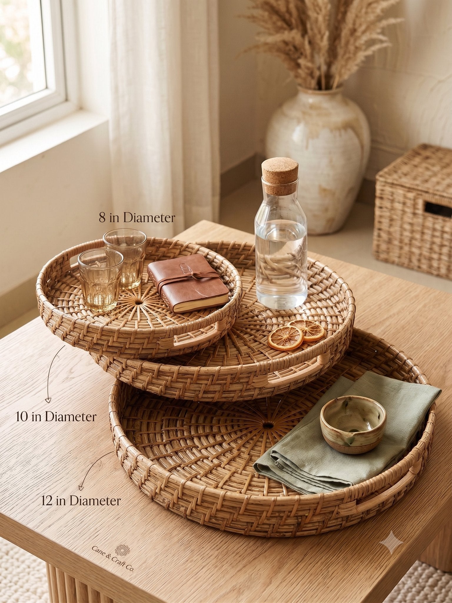 Round nesting cane tray with incut handles — handwoven in Assam, Artisan's Thread