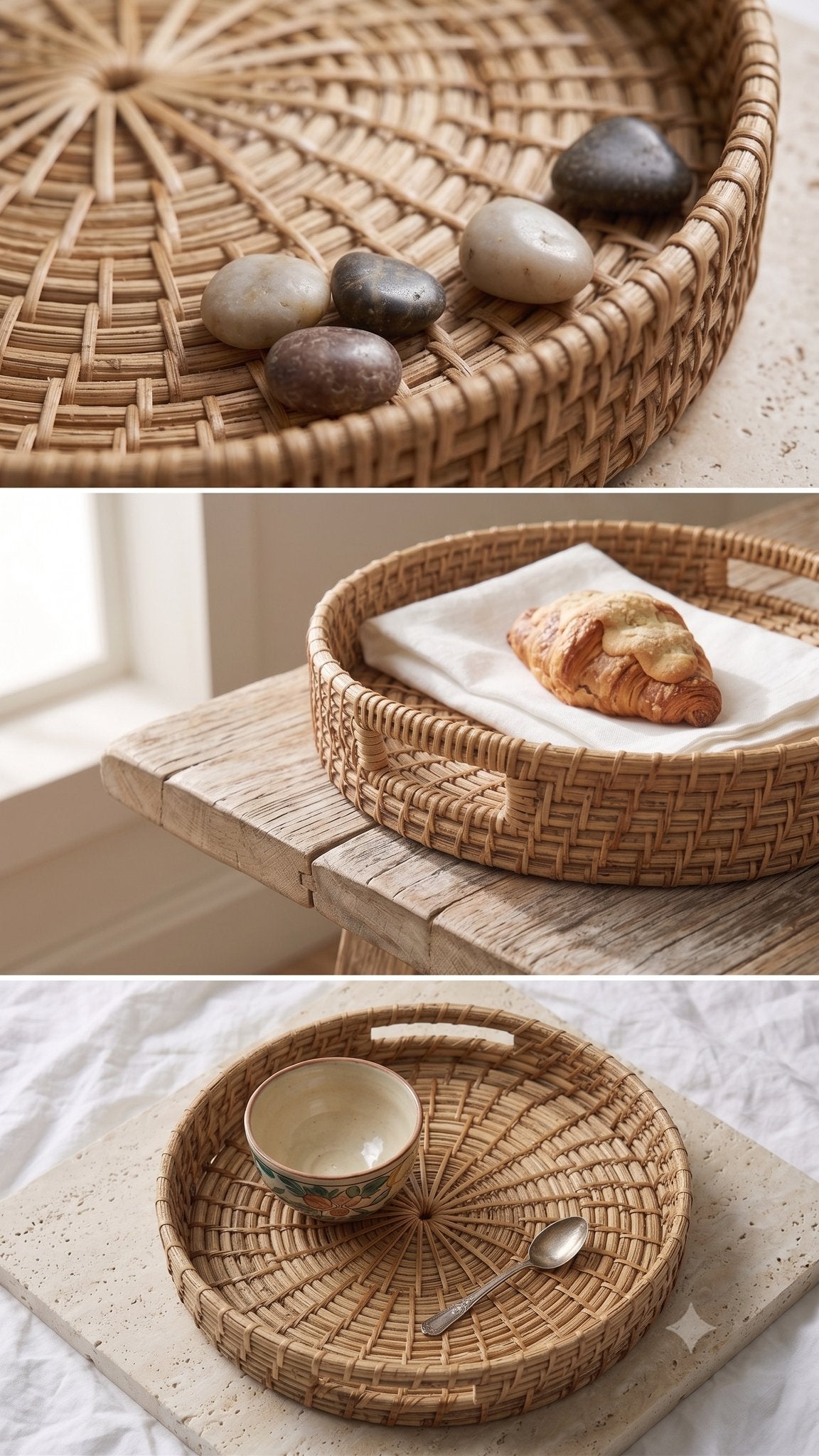 Round nesting cane tray with incut handles — handwoven in Assam, Artisan's Thread