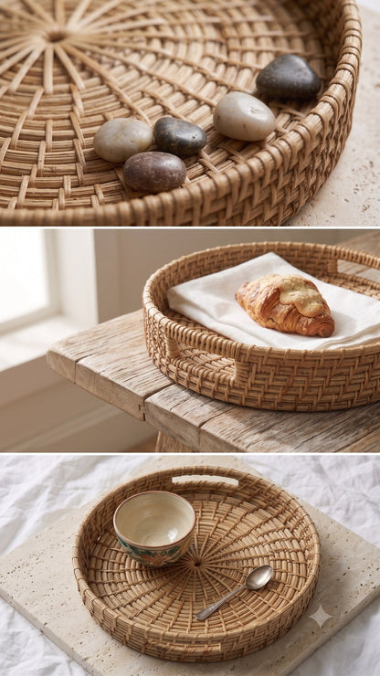 Round nesting cane tray with incut handles — handwoven in Assam, Artisan's Thread