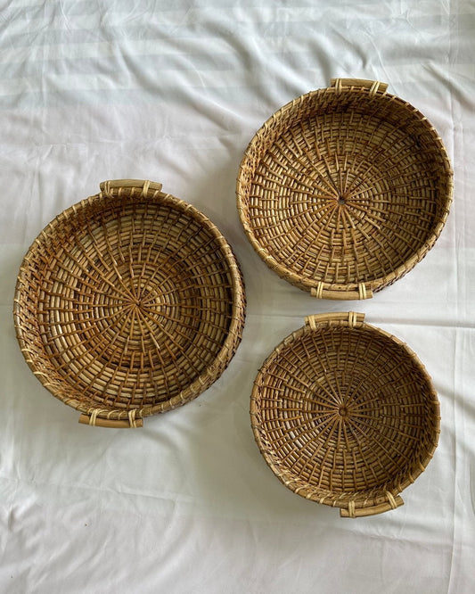 Round nesting cane tray with handles — handwoven in Assam, Artisan's Thread