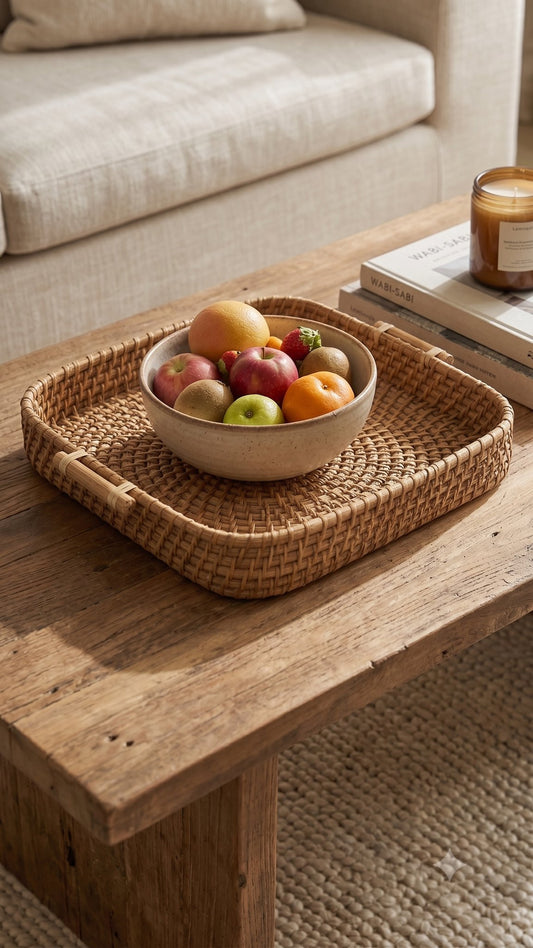Square nesting cane tray with handles — handwoven in Assam, Artisan's Thread
