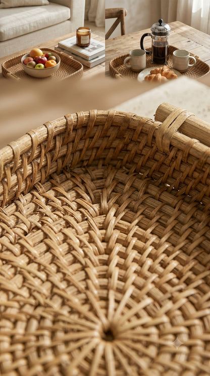 Square nesting cane tray with handles — handwoven in Assam, Artisan's Thread