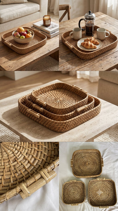 Square nesting cane tray with handles — handwoven in Assam, Artisan's Thread