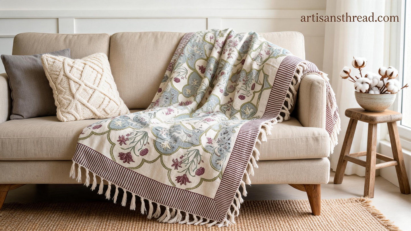 Jharoka Mosaic Jal Hand Block Printed 100% Cotton Jute Sofa Throw