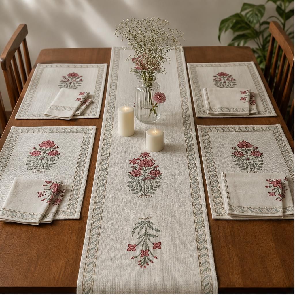 Gudhal guldasta Hand Block Print 6 Seater Dining Table Mat Set - Table Runner, Table Mats and Napkins (13 Pcs.)