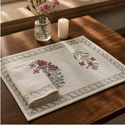 Gudhal guldasta Hand Block Print 6 Seater Dining Table Mat Set - Table Runner, Table Mats and Napkins (13 Pcs.)
