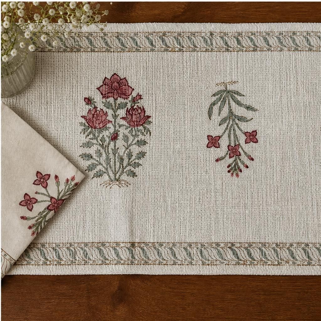Gudhal guldasta Hand Block Print 6 Seater Dining Table Mat Set - Table Runner, Table Mats and Napkins (13 Pcs.)