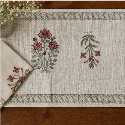 Gudhal guldasta Hand Block Print 6 Seater Dining Table Mat Set - Table Runner, Table Mats and Napkins (13 Pcs.)