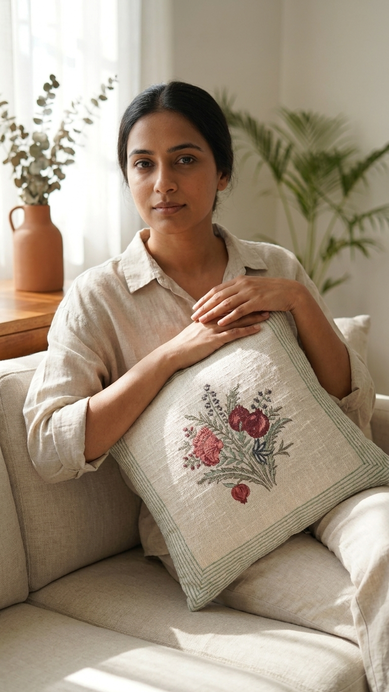 Anaar Hand Block Print Cushion Covers - Cotton Jute (Set of 5)