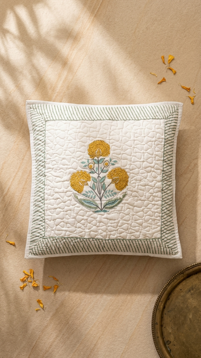 Yellow Marigold Hand Block Print Cushion Covers - Quilted (Set of 2)