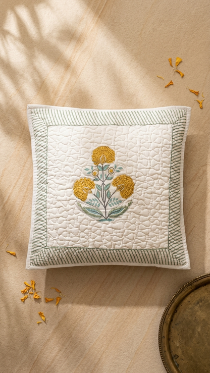 Yellow Marigold Hand Block Print Cushion Covers - Quilted (Set of 2)