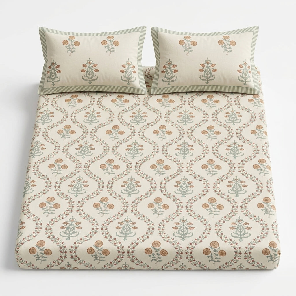 Guldasta Jal 100% Cotton Block Printed Bed Sheet - King Size with 2 Pillow Cover
