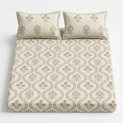 Guldasta Jal 100% Cotton Block Printed Bed Sheet - King Size with 2 Pillow Cover