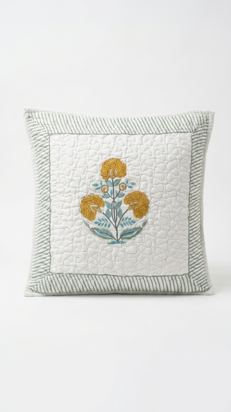 Yellow Marigold Hand Block Print Cushion Covers - Quilted (Set of 2)