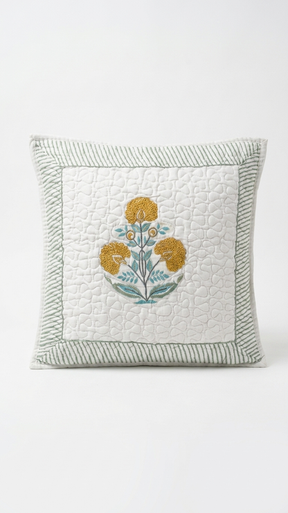 Yellow Marigold Hand Block Print Cushion Covers - Quilted (Set of 2)