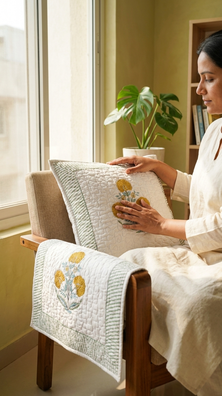 Yellow Marigold Hand Block Print Cushion Covers - Quilted (Set of 2)