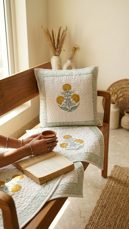 Yellow Marigold Hand Block Print Cushion Covers - Quilted (Set of 2)