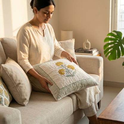 Yellow Marigold Hand Block Print Cushion Covers - Quilted (Set of 2)