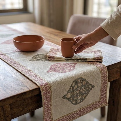 Mosaic Lilac Teal Hand Block Print 6 Seater Dining Table Mat Set - Table Runner, Table Mats and Napkins (13 Pcs.)