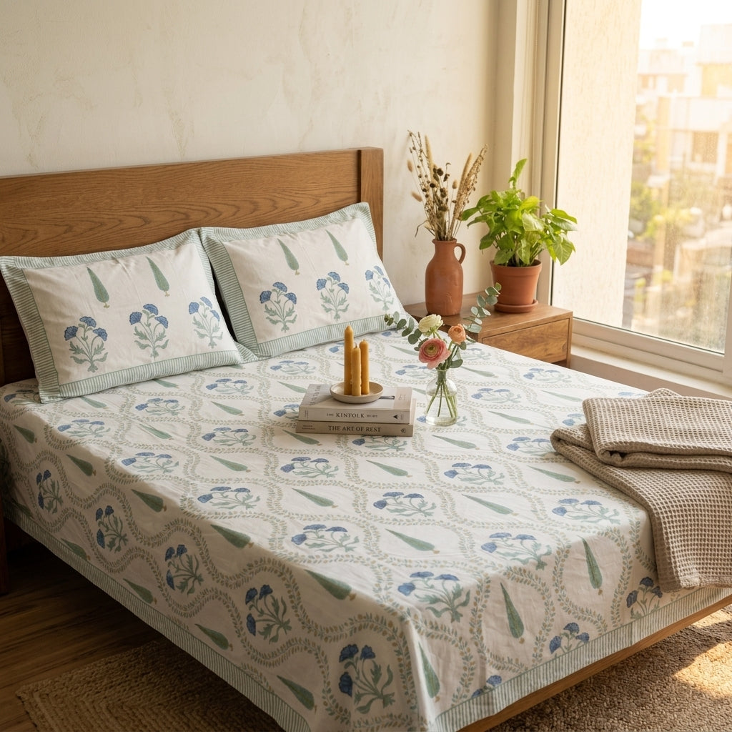 Pine & Guldasta Jal 100% Cotton Block Printed Bed Sheet - King Size with 2 Pillow Cover