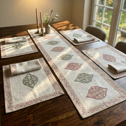 Mosaic Lilac Teal Hand Block Print 6 Seater Dining Table Mat Set - Table Runner, Table Mats and Napkins (13 Pcs.)