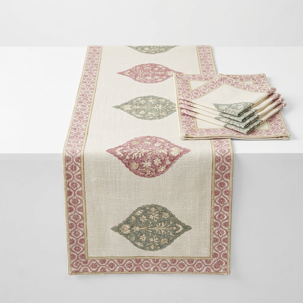 Mosaic Lilac Teal Hand Block Print 6 Seater Dining Table Mat Set - Table Runner, Table Mats and Napkins (13 Pcs.)