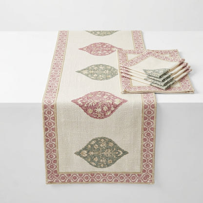 Mosaic Lilac Teal Hand Block Print 6 Seater Dining Table Mat Set - Table Runner, Table Mats and Napkins (13 Pcs.)