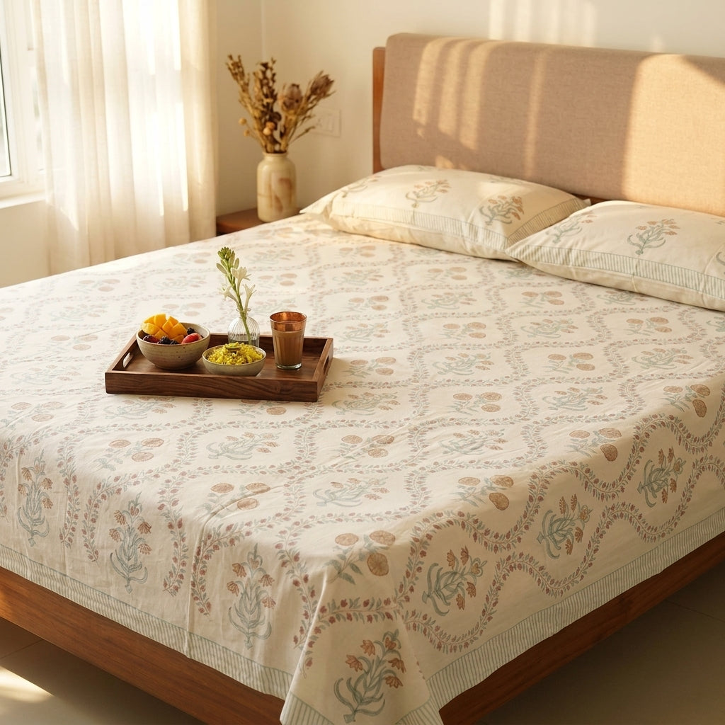 Guldasta Jal 100% Cotton Block Printed Bed Sheet - King Size with 2 Pillow Cover