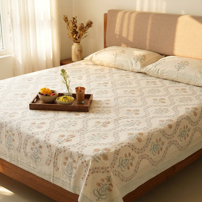 Guldasta Jal 100% Cotton Block Printed Bed Sheet - King Size with 2 Pillow Cover