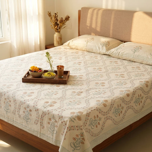 Guldasta Jal 100% Cotton Block Printed Bed Sheet - King Size with 2 Pillow Cover