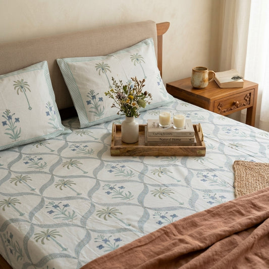 Guldasta Nariyal Jal 100% Cotton Block Printed Grey Bed Sheet - King Size with 2 Pillow Cover