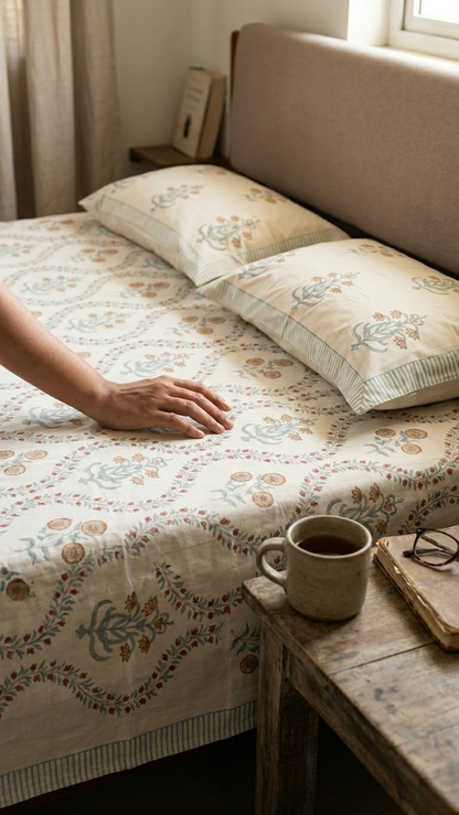 Guldasta Jal 100% Cotton Block Printed Bed Sheet - King Size with 2 Pillow Cover