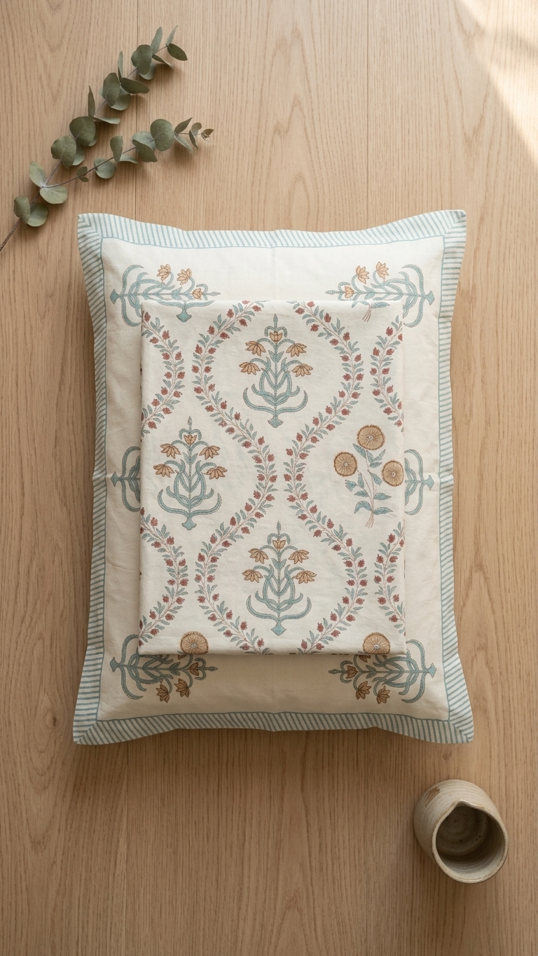 Guldasta Jal 100% Cotton Block Printed Bed Sheet - King Size with 2 Pillow Cover